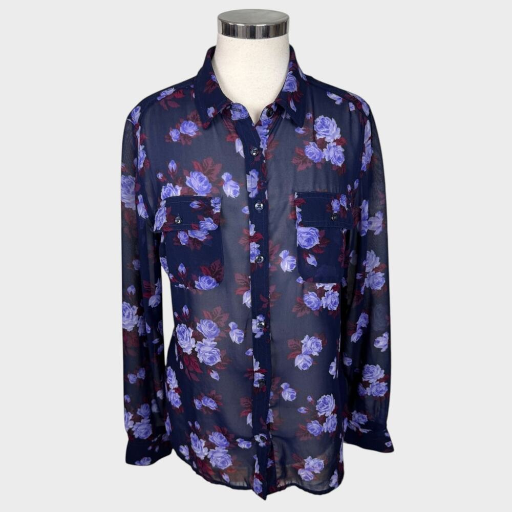 American Eagle Womens Large Blue Floral Button Front Sheer Polyester Blouse